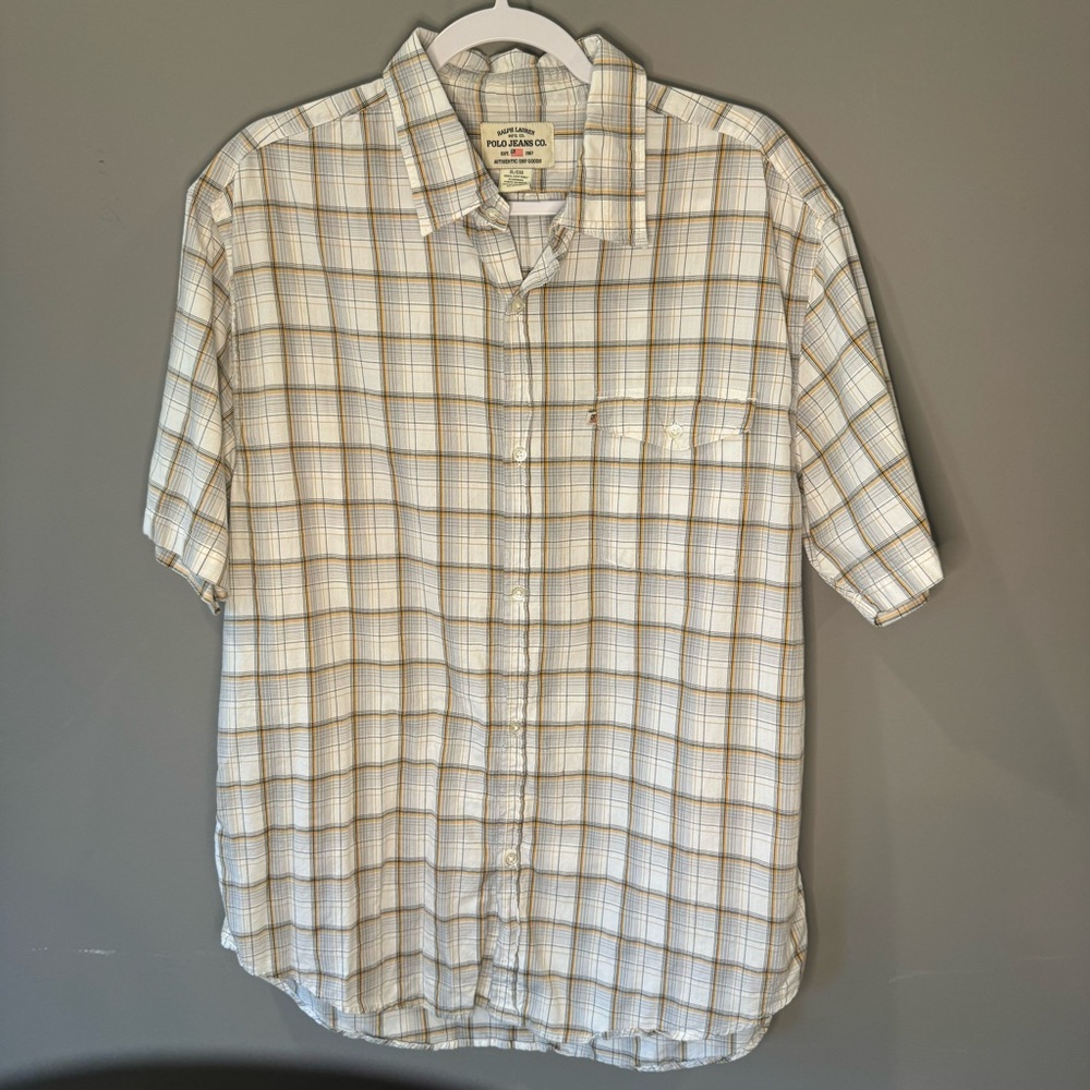 Ralph Lauren Vintage Polo Jeans Co Grey/White Plaid Shirt, Men’s Size XL,‎ EUC
